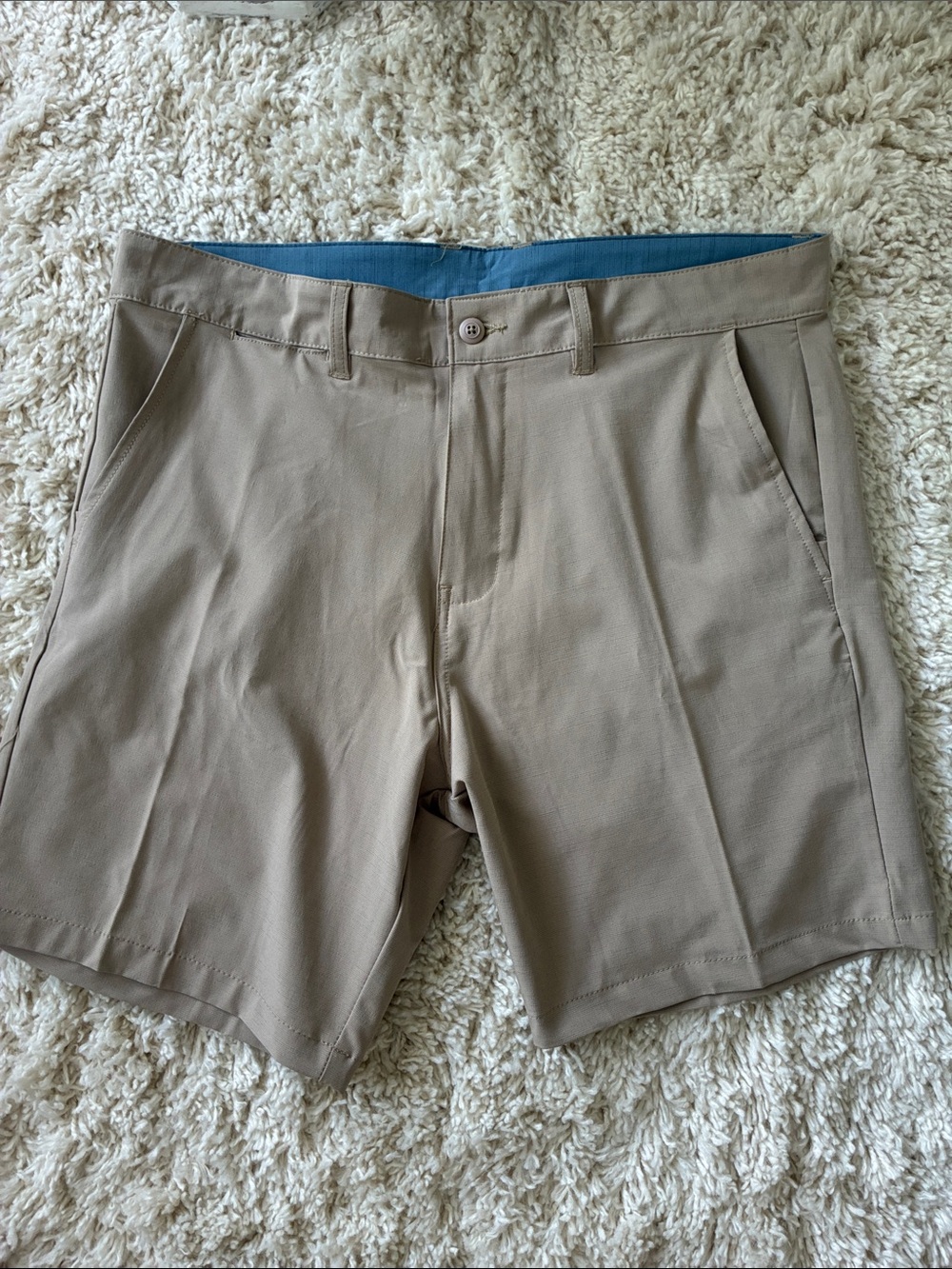 burnside Men's Flat Front Shorts in Khaki with Blue Waistband